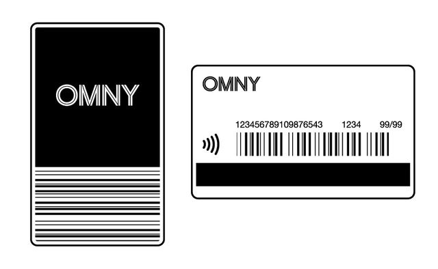 An image of the front and back of OMNY cards - the front says OMNY in black letters on a white background with black stripes below; on the back is a  barcode
